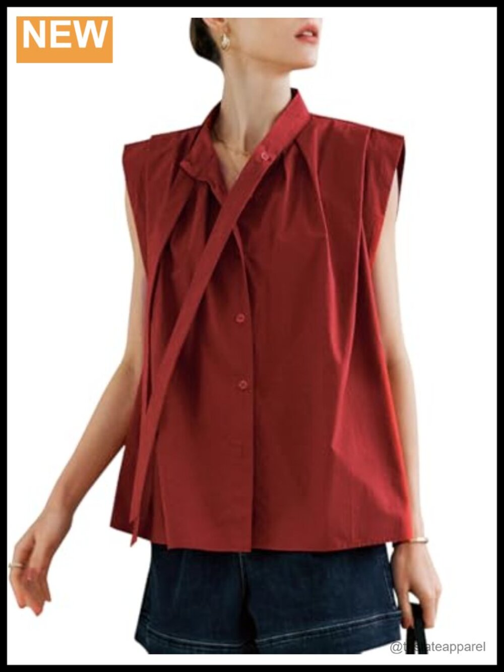 EVAZOU Women's Pleated Sleeveless Blouse with Detachable Ribbon